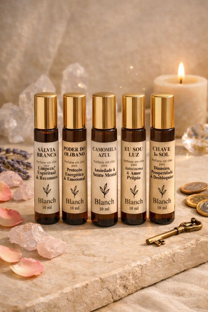 Cinco roll-ons terapêuticos Blanch em frascos âmbar 10ml: Sálvia Branca, Poder do Olíbano, Camomila Azul, Eu Sou Luz e Chave do Sol.